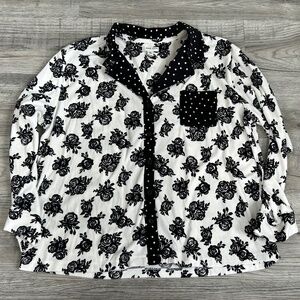 Ann Klein Button Down Top White w/ Black Flowers Velvety Soft Sz XL